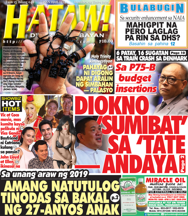 Hataw Frontpage Diokno ‘sumibat’ sa ‘tate — Andaya (Sa P75-B budget insertions)